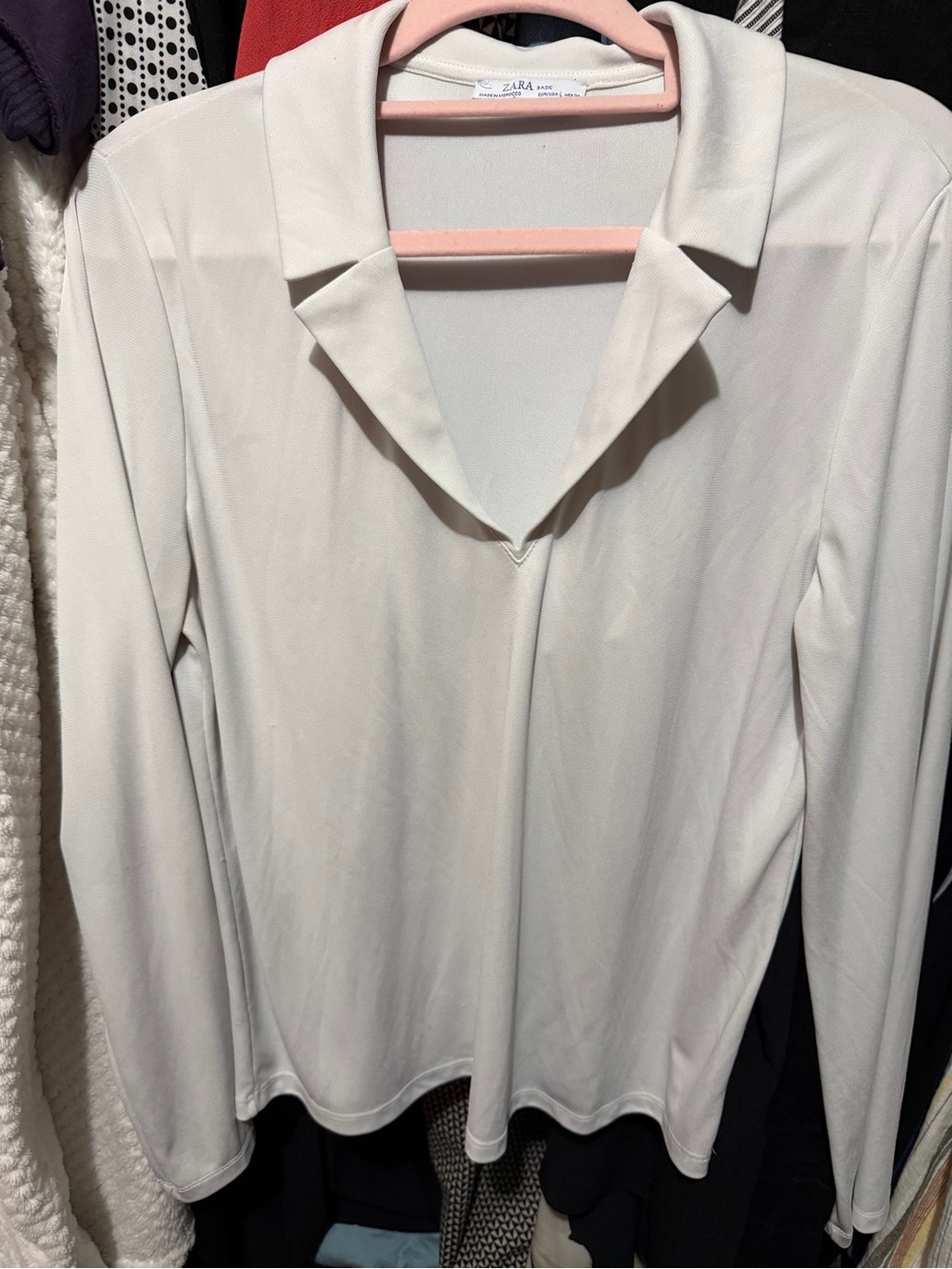 Zara Cream Long-Sleeve V-Notch Collared Top